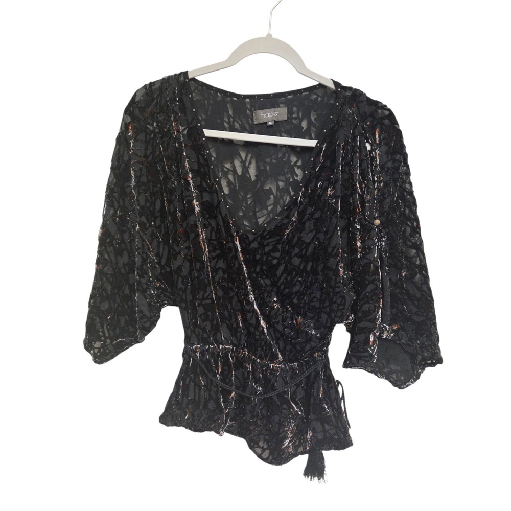 Vintage 90s Harper Black Velvet Burnout Blouse Top Wrap Style M Medium Tassel